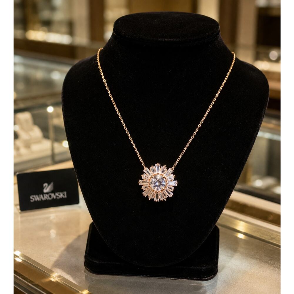 Authentic Swarovski Rose Gold Crystal Sunburst Pendant Necklace 16" Signed Swan